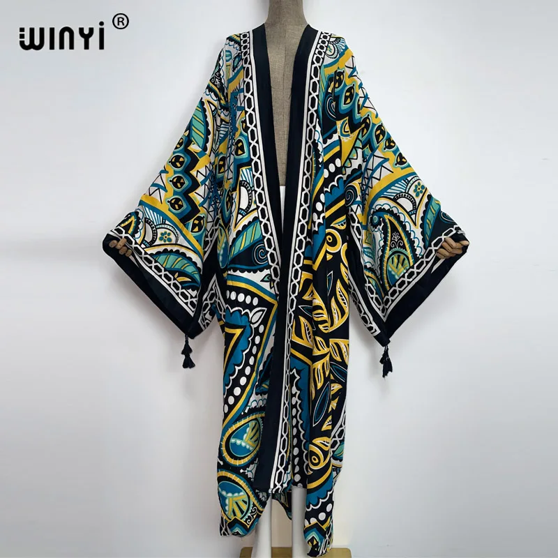 2022 WINYI Frauen strand badeanzug Strickjacke Lange Kleid cover up Party Boho Maxi kaftan Afrikanischen Urlaub Batwing Hülse Sommer kimono