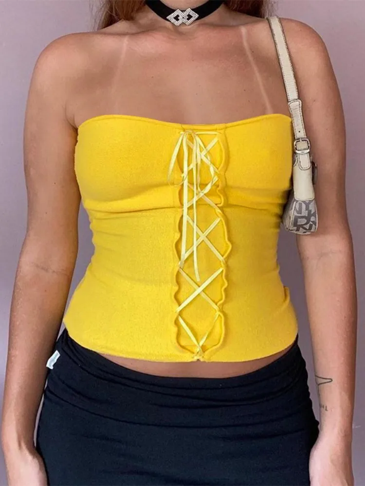 

Lace Up Y2k Corset Top Summer Strapless Hot Clothes for Women Yellow Slim Halter Top Streetwear Fasnhion Aestetic Ropa Mujer