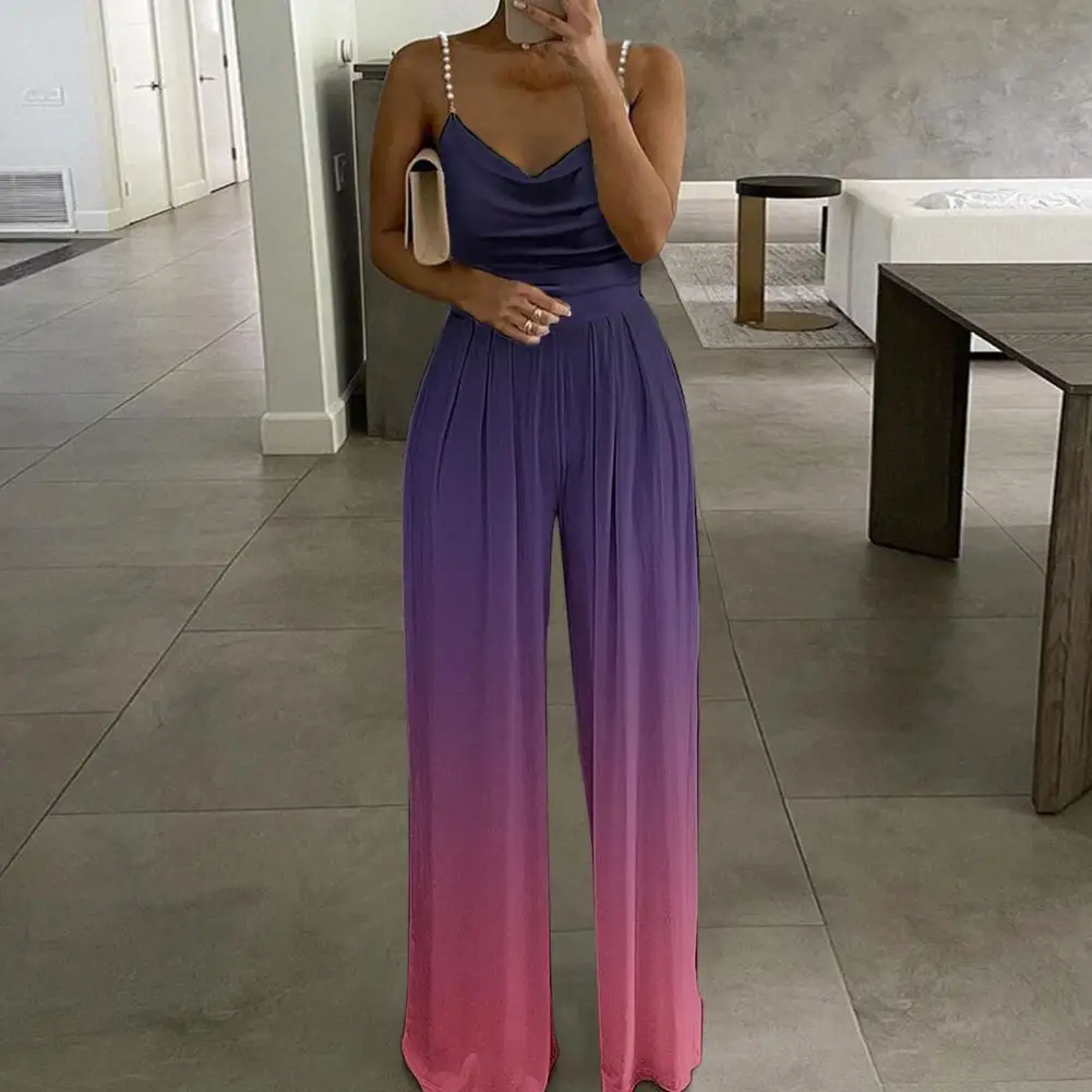 

Faux Pearls Sling Waist Tight Wide Leg Women Jumpsuit Sweet Floral Printing Loose Romper Printing Party Jumpsuit