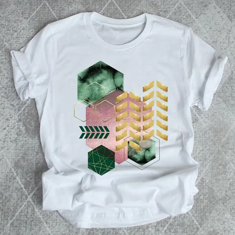 

Футболка женская с геометрическим принтом, милый топ с коротким рукавом и графическим рисунком, модная повседневная мультяшная летняя руба...