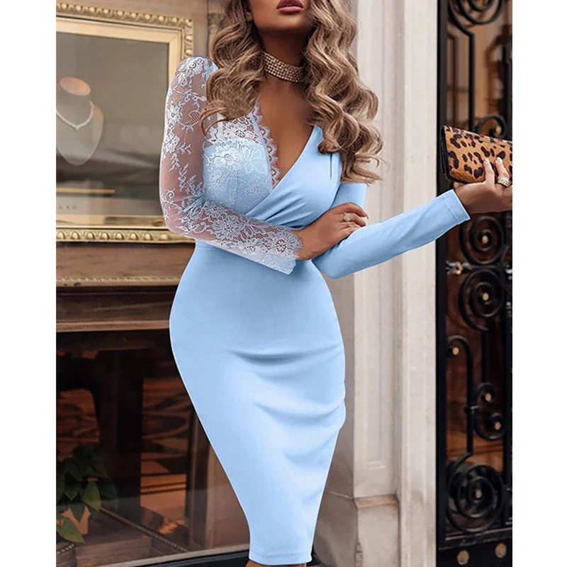 

Женское кружевное платье-корсет с длинным рукавом, V-образным вырезом и высокой талией