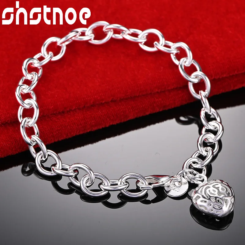 

SHSTONE 925 Sterling Silver Hollow Three-dimensional Heart Pendant Chain Bracelet For Woman Wedding Party Fashion Charm Jewelry