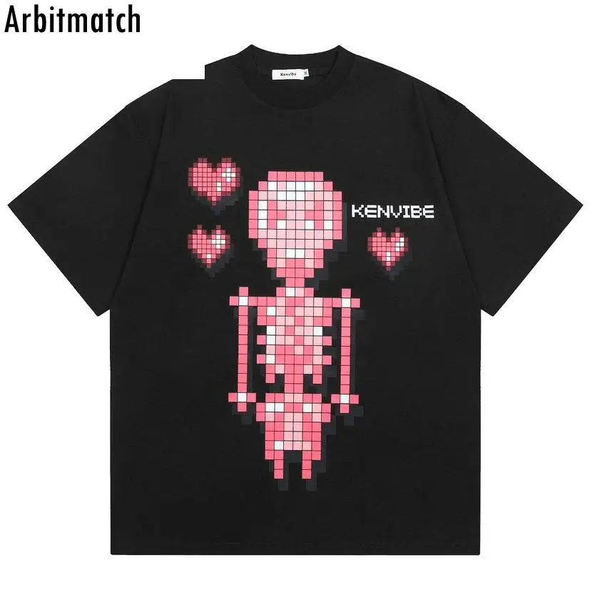 

Уличная одежда в стиле хип-хоп 2023, Винтажная летняя модная футболка с круглым вырезом и принтом скелета в виде мозаики, футболка в стиле Хара...