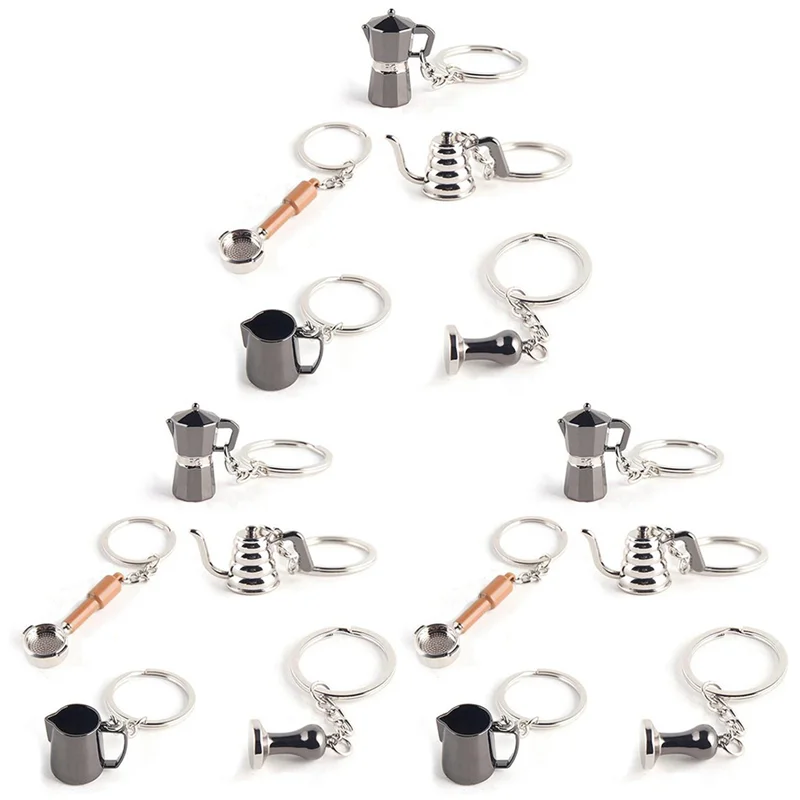 

15PCS Creative Barista Coffee Tamper Keychain Espresso Portafilter Moka Pitcher Keyring Portable Coffee Accessories Gift