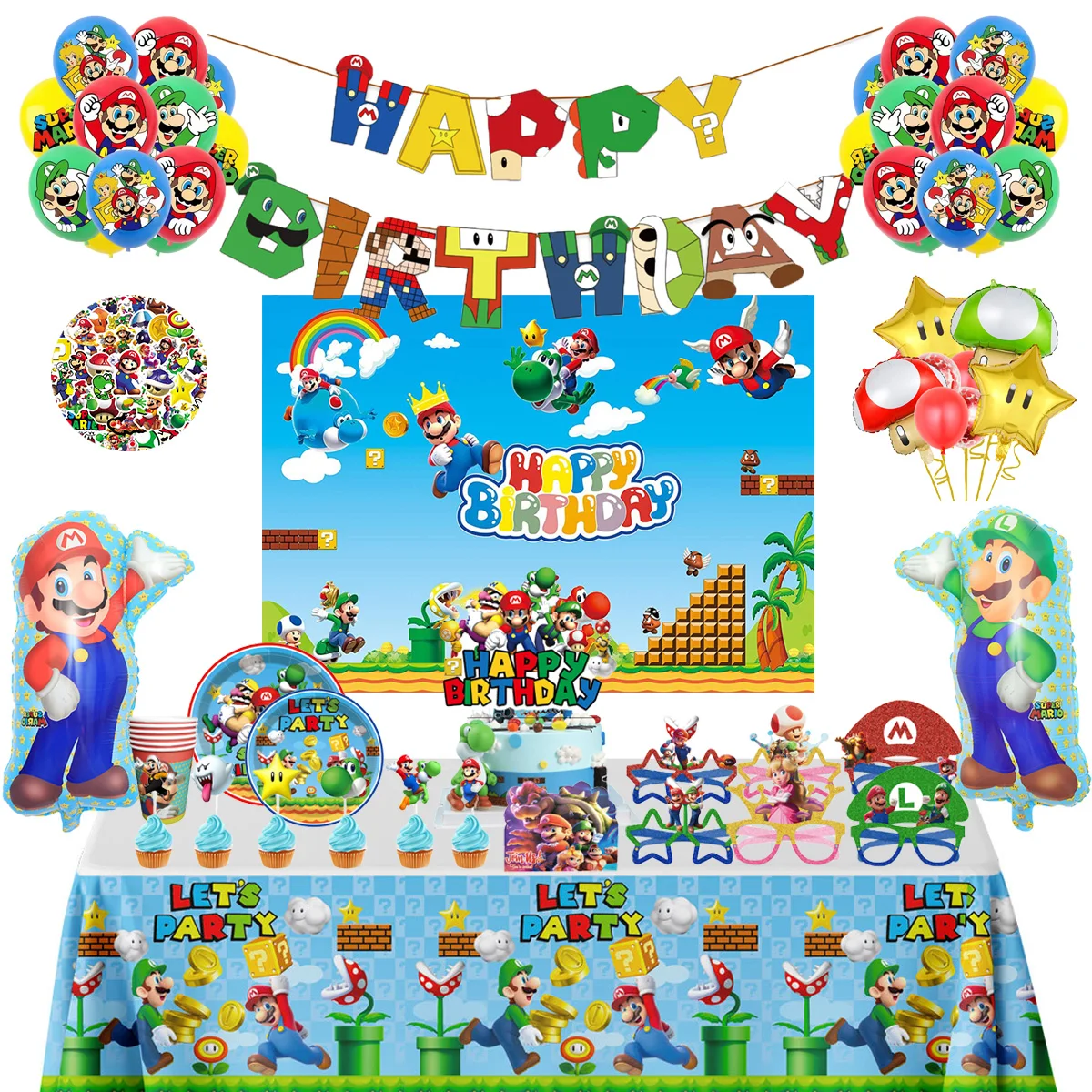 

Super Mario Children Birthday Party Decoration Disposable Tableware Backdrop Toy Anime Figures Paper Plates Cups Balloons New