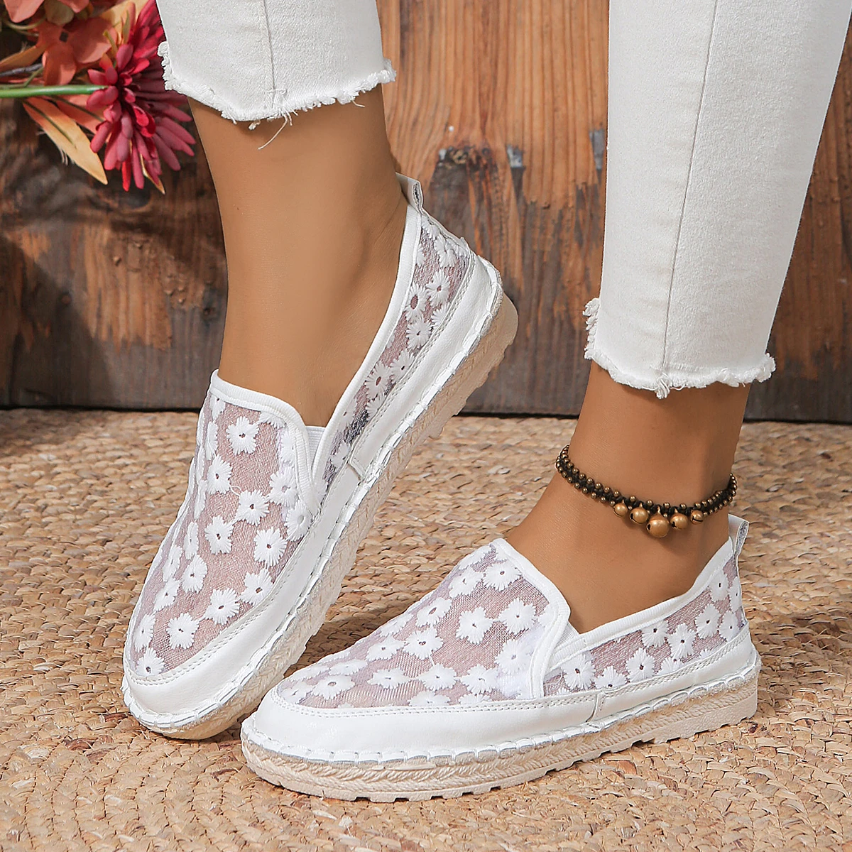 Кроссовки женские сетчатые на плоской подошве дышащие лоферы круглый носок