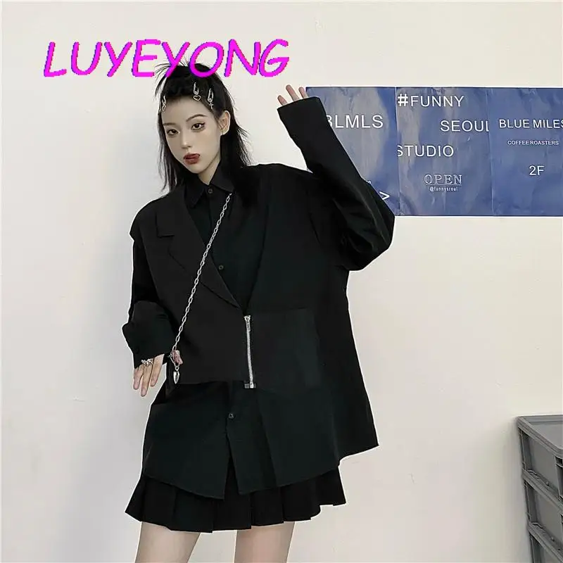 

Harajuku Women Zipper Single Breasted Long Sleeve Street Shirts Black White Gothic Lady Punk Fake Two Pieces Shirt Autumn Top