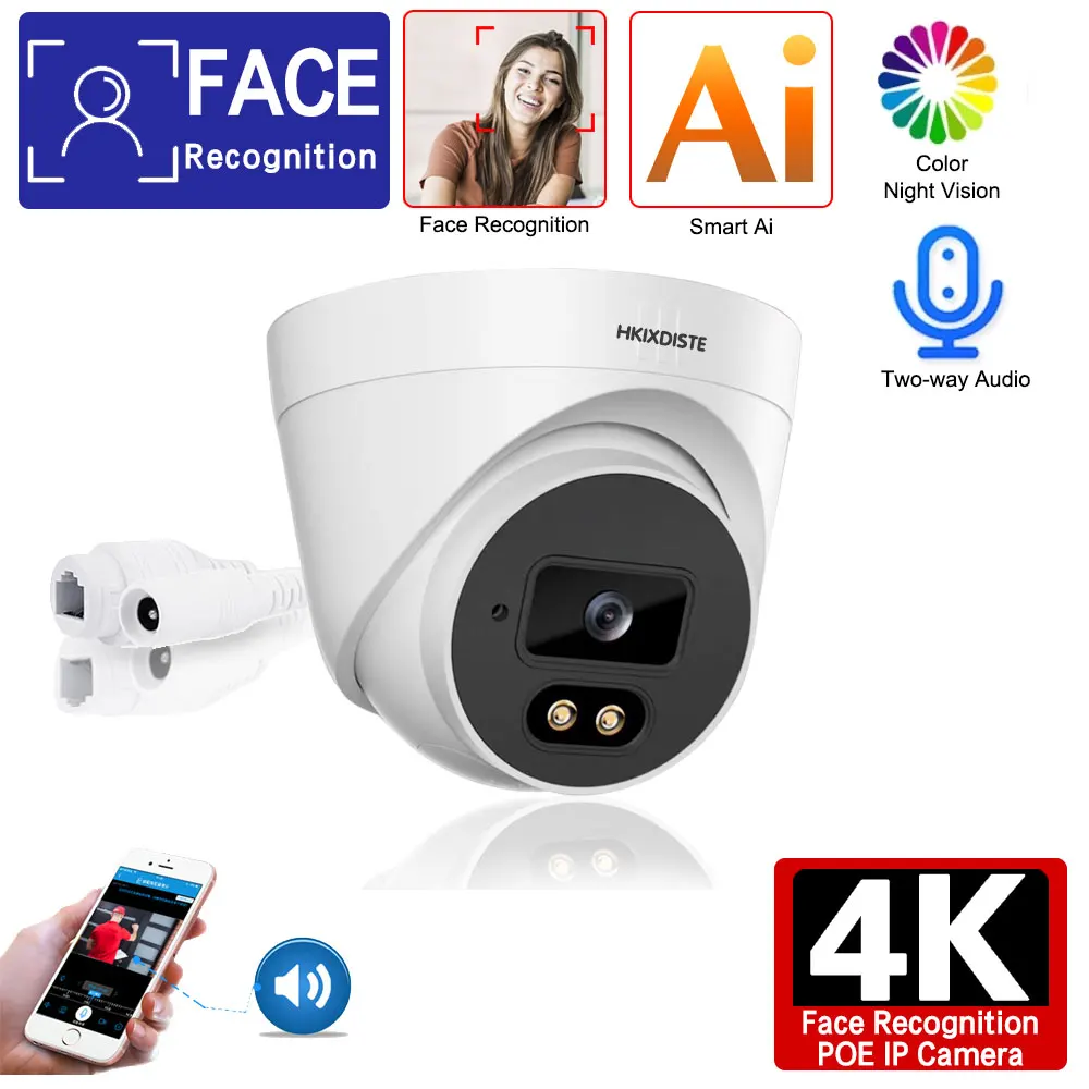 Face Recognition 4K 8MP Outdoor Dome POE Video Two-Way Audio Surveillance Camera Full Color Night Vision Home Security Camera