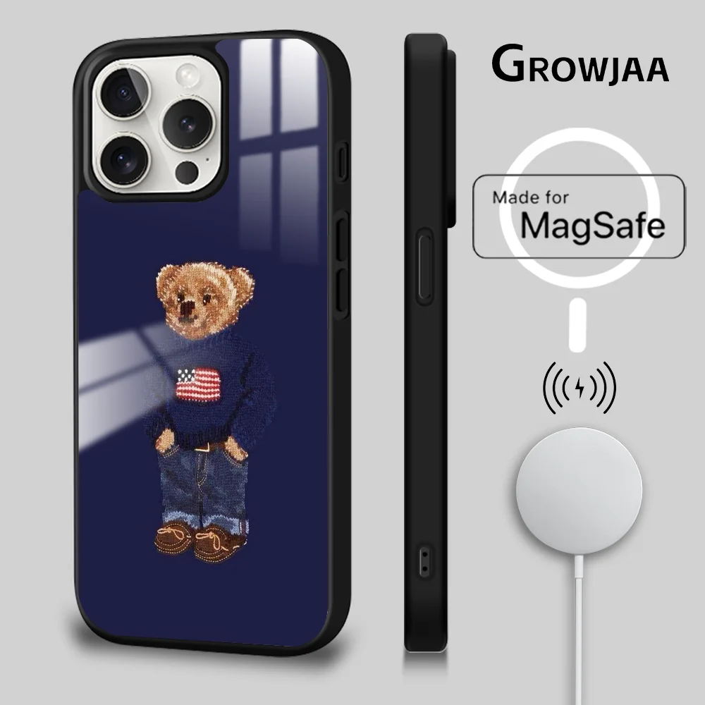 P-PoloES Bear Fashion Luxury Phone Case For IPhone 16 15 14 13 12 11 Pro Max Plus Mini Magsafe Mirror Wireless Magnetic Cover