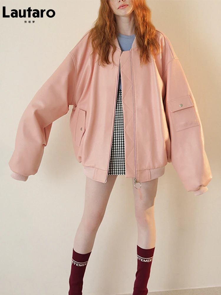 

Lautaro Весна Осень Негабаритная розовая куртка-бомбер из искусственной кожи MA-1 женская с застежкой-молнией крутая стильная одежда унисекс дл...