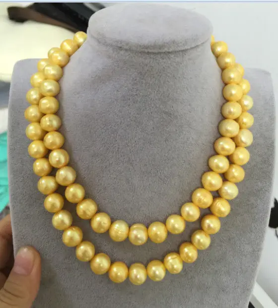 

double strands 9-10mm south sea baroque gold pearl necklace 17"18"