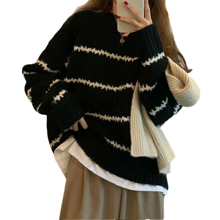 

Korean Fashion Temperament Sweater for Women Autumn and Winter 2021 Fashion Style Loose Retro Sweater Black White Woman Tops