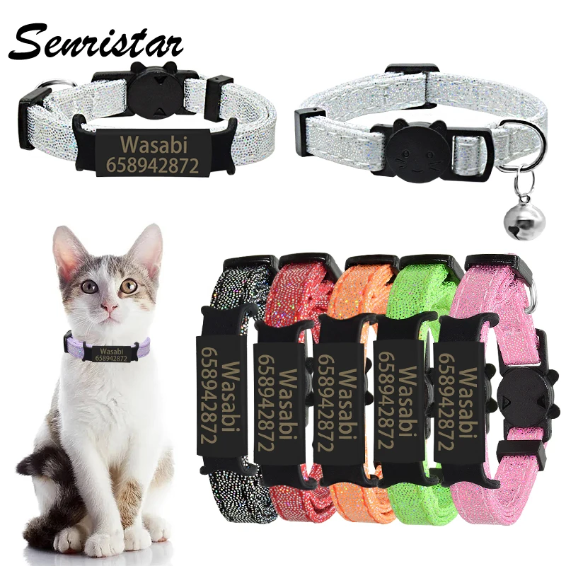 

Custom Name Tag Cat Collar Bell Personalized ID Nameplate Cat Collar Necklace Safety Adjustable Anti-Lost Pet Kitten Cat Collar