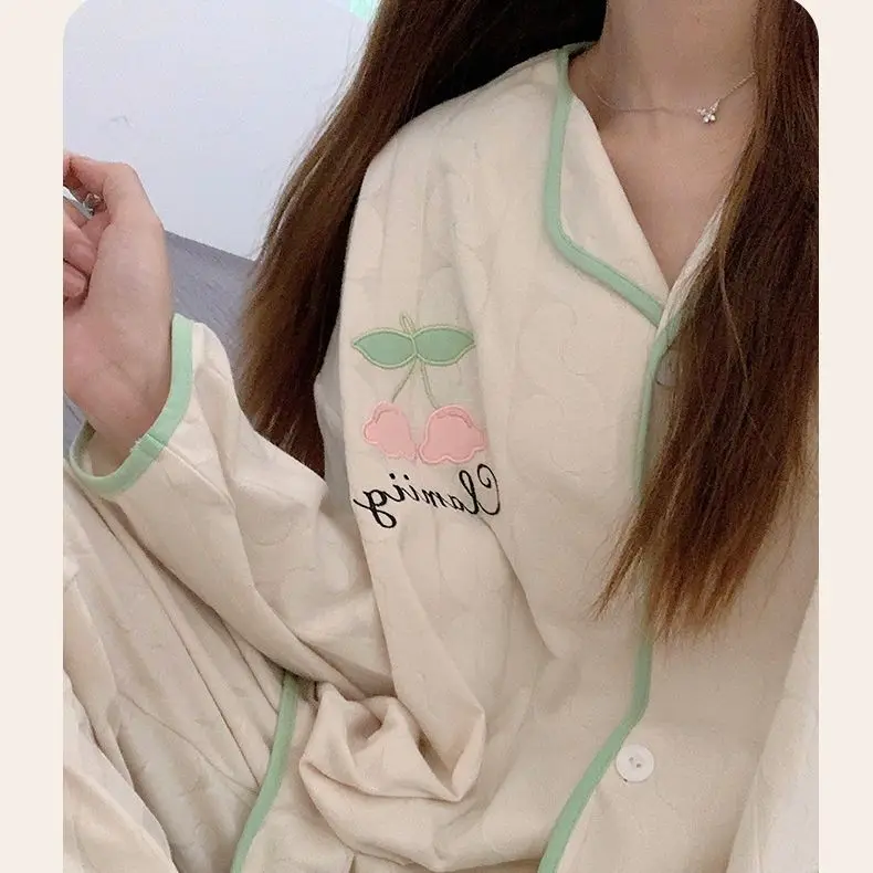 Yasuk Spring Autumn Fashion Women Casual Soft Print Sleepwear Homewear Pajamas With Pants Sweet Fruits Cherry Girl Simple