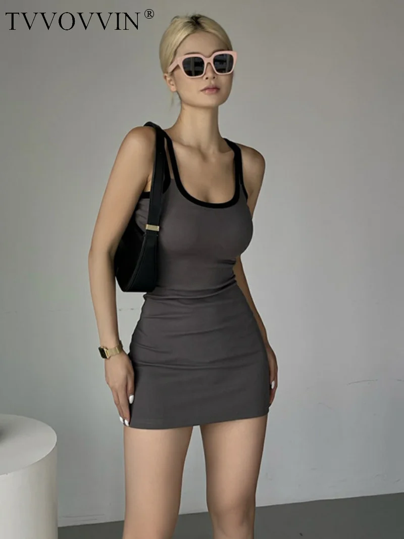 

Girl TVVOVVIN Strap Spicy Dress Women Summer Slim Hip Tank Mini Dress Fake Two Pieces Tops Fashion Korean Women Top 6ZHH