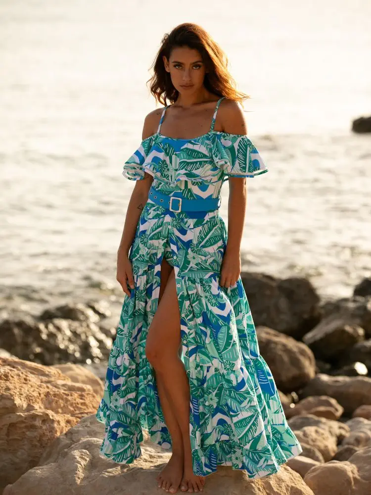 Цельный купальник с открытыми плечами и принтом танкини пляжная одежда