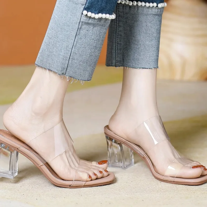 Обувь Прозрачные тапочки Тапочки на тонком каблуке Женские роскошные шлепанцы