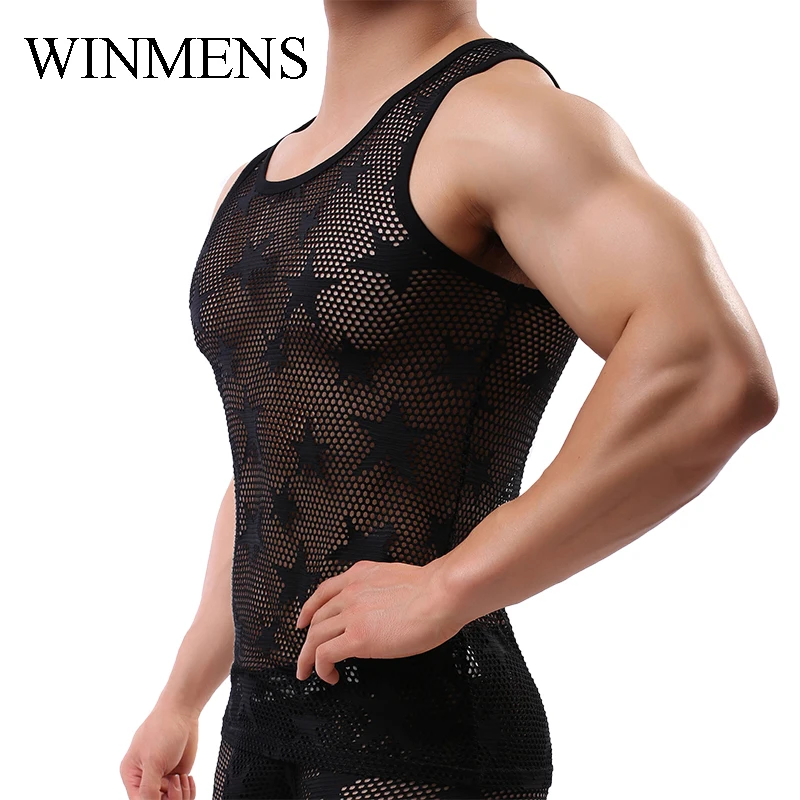 Summer Thin Star Mesh Men's Tank Tops Solid Fishnet Sleeveless Youth See Through Vest Cut-outs Breathable Male Sexy Singlet