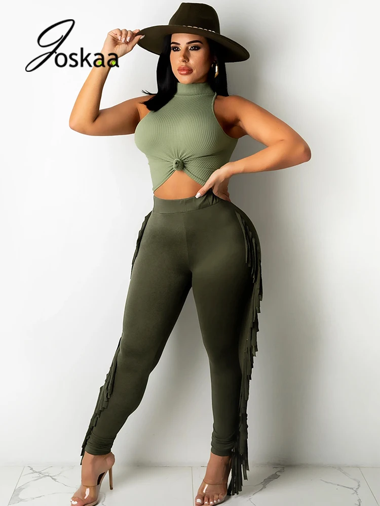 

Joskaa Fashion Two Piece Set Women Clothing Crop Tank Top and Tassel Pencil Pants Matching Sets Fall 2021 Sexy Party Clubwear