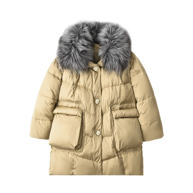 SHUCHAN 90%  White Goose Down  Long  Women Jacket  Indie Folk  Winter Fox Rur Collar Detachable Patchwork Sheepskin