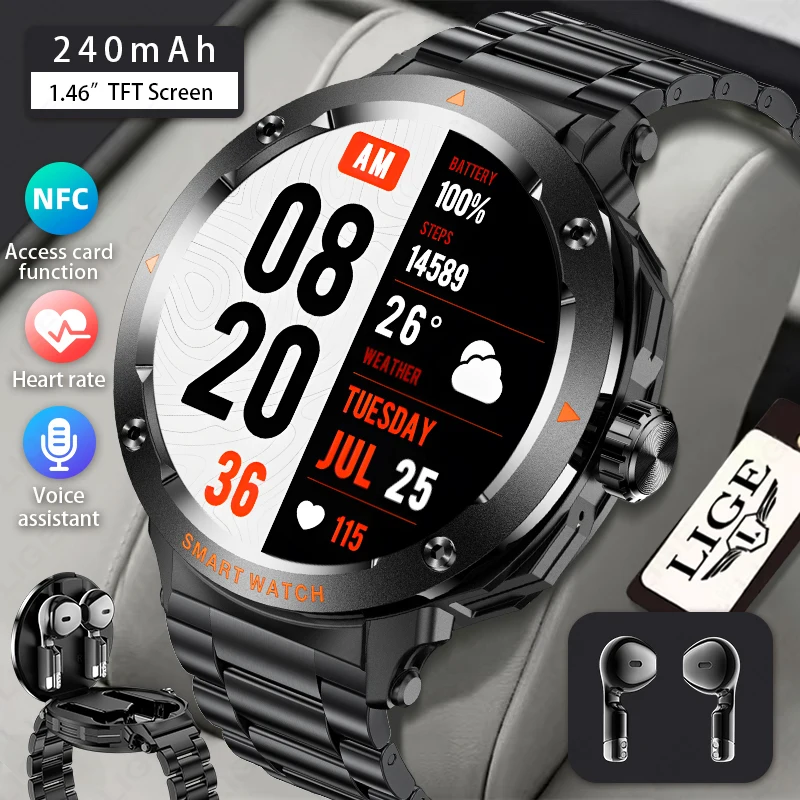 Фото LIGE Новые умные часы 2 в 1, наушники TWS Bluetooth, 1,46 дюйма, NFC, контроль доступа, монитор сердечного ритма и здоровья, мужские умные часы №1