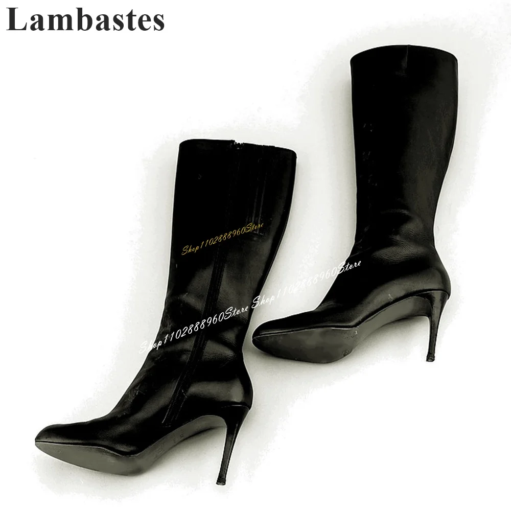 Женские узкие сапоги до колена матовые кожаные на тонком высоком каблуке с