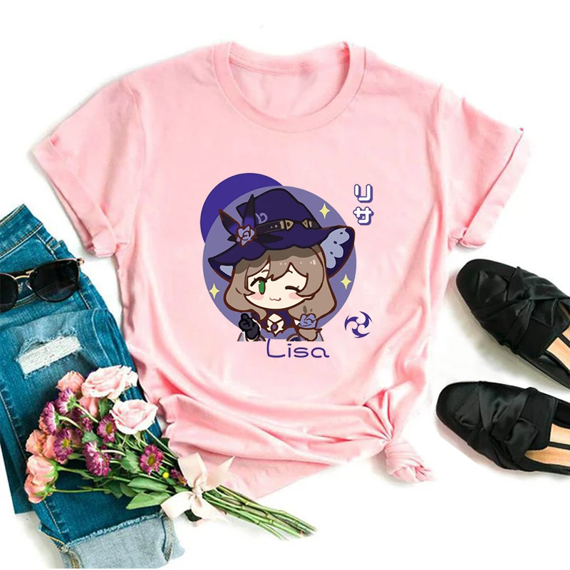 

Футболка унисекс с рисунком Genshin Impact Lisa, модная повседневная женская футболка с мультяшным принтом, мягкая женская футболка с круглым вырезом на лето