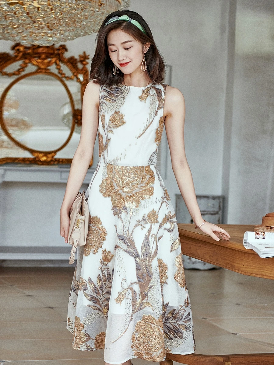 Spring Summer Jacquard Dress O-neck Slim Waist Vintage Long Dress Sleeveless Party Evening Clothing Floral Dress Q455