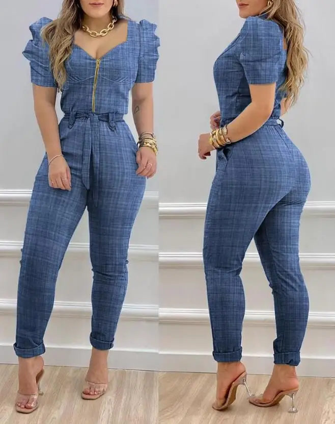 Casual Jumpsuit for Women Summer 2023 Fashion Puff Sleeve Zipper Front Belted Female Long Jumpsuit With Belt Woman clothing
