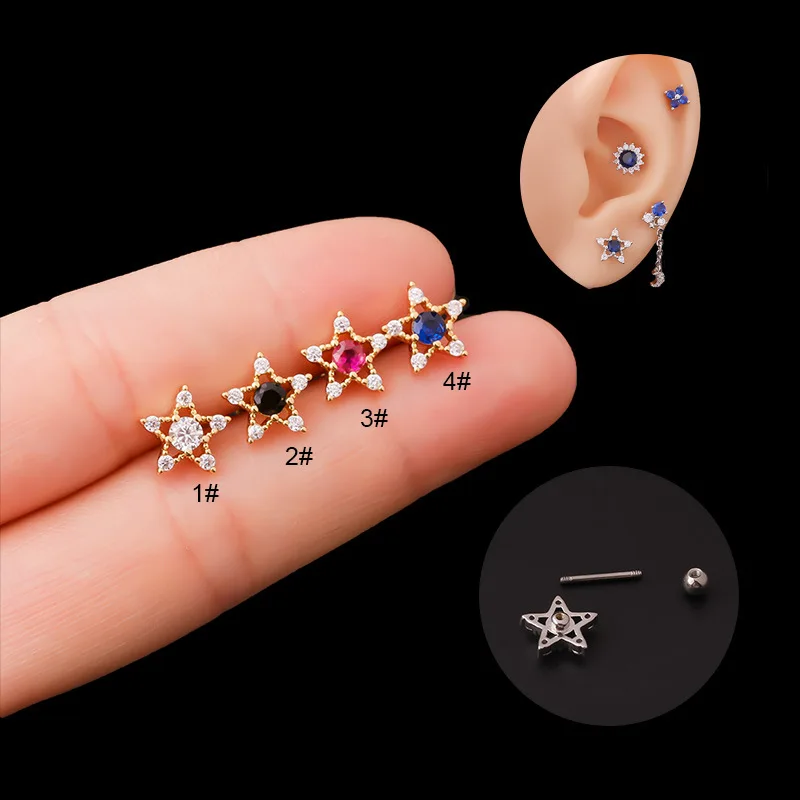 

Stainless Steel Piercing Earrings Pentagram Zircon Ear Stud 20G Conch Lobe Tragus Cartilage Earbone Stud Jewelry For Women Goth