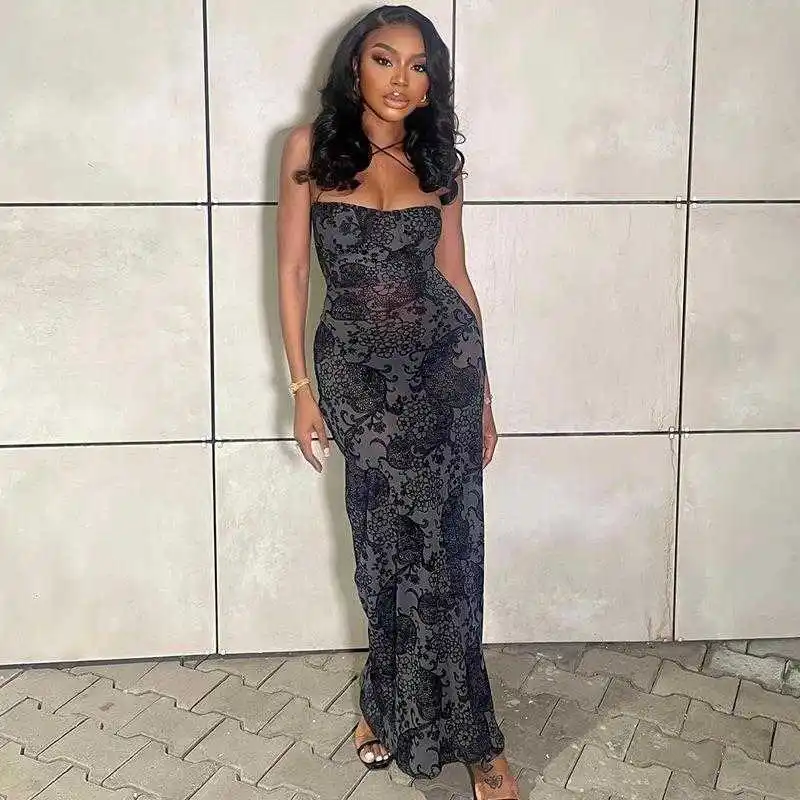 

Style Sexy Off Neck Dress Printed Wrapped Chest Sleeveless Lace Up Backless Asymmetric Skirt Female