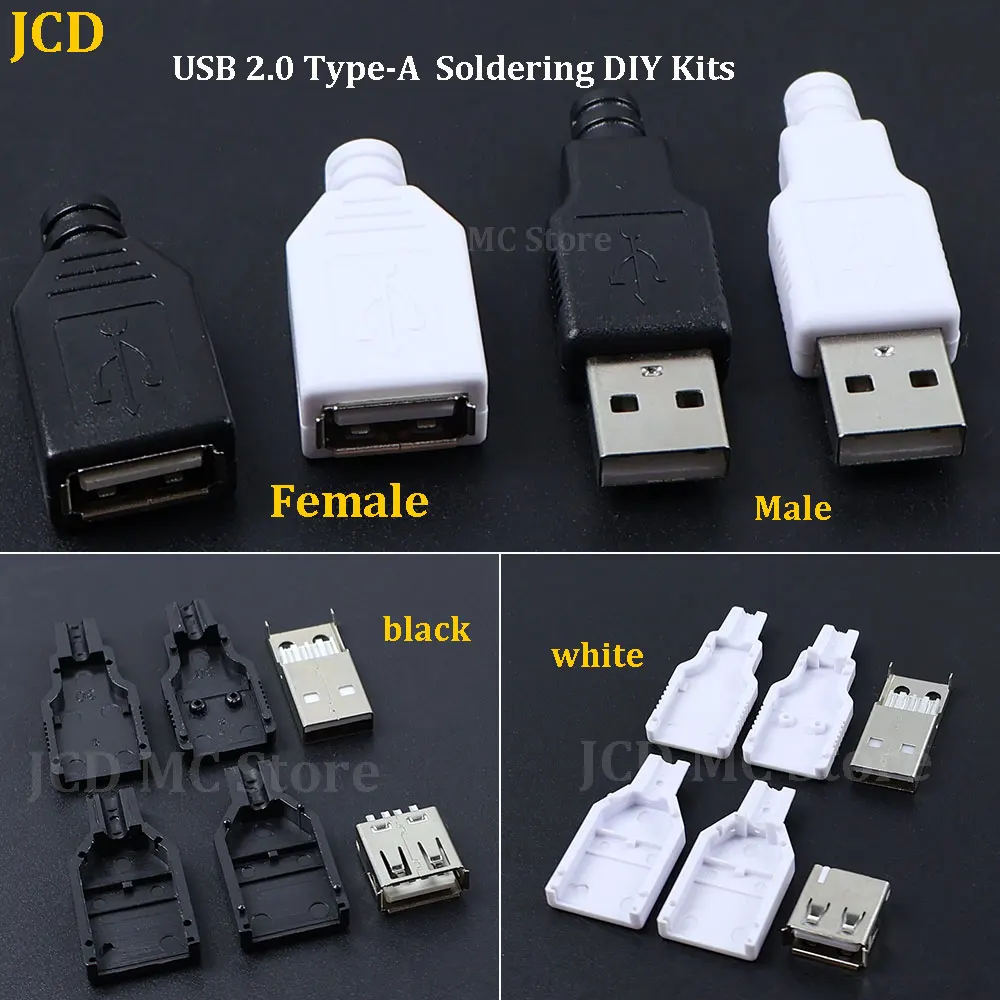 Фото 10-50 шт. USB-разъемы Type A 4-контактные (штекер/гнездо) с черно-белыми пластиковыми крышками, USB 2.0 Type-A 4-контактные, для пайки, наборы для DIY №1