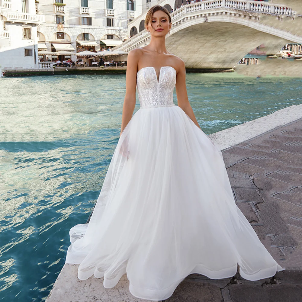 

Пляжное Тюлевое свадебное платье для брака А-силуэта со шлейфом иллюзионные Свадебные платья 2023