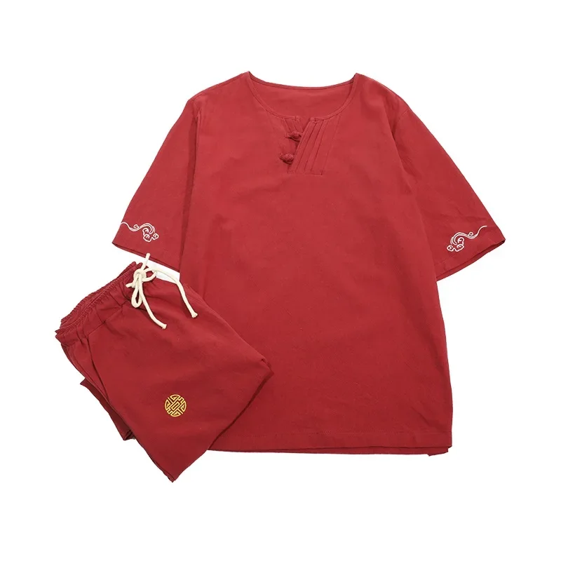 Традиционный китайский стиль летний мужской льняной костюм Тан футболка с