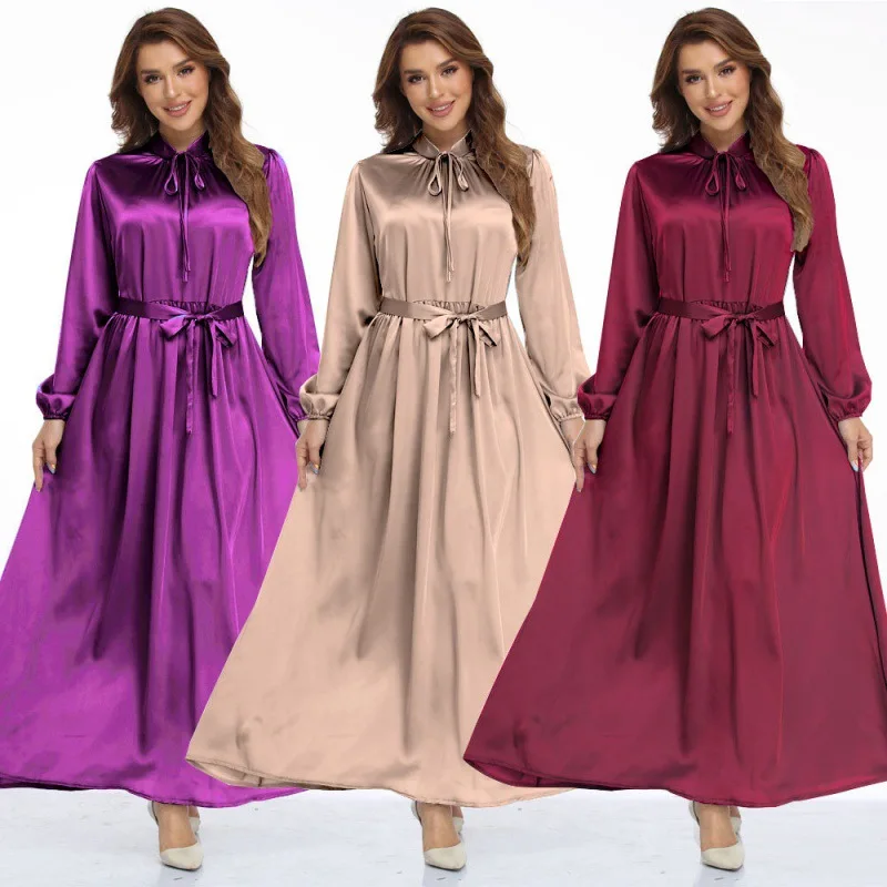

Satin Abaya Long Dress Women Elegant Big Swing Belted Hijab Robe Islam Dubai Turkish Modest Abayas Muslim African Dresses