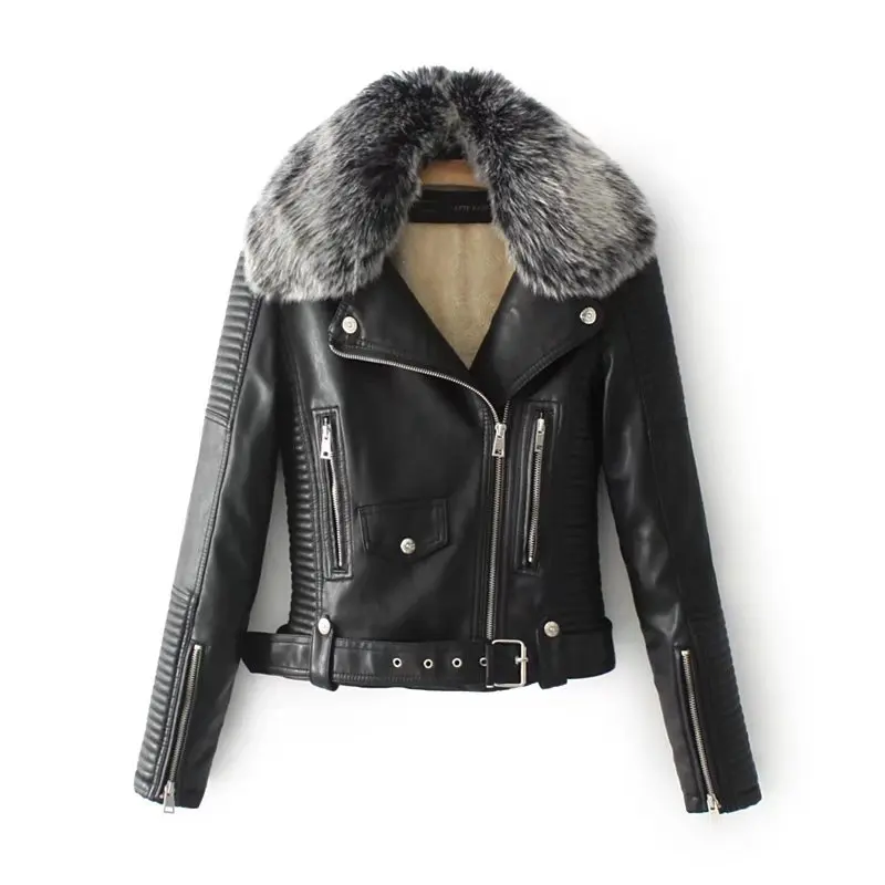 Autumn and Winter New Solid Color Short Section Belt Fur Collar Motorcycle Leather Jacket Women's PU Leather Fleece Jacket