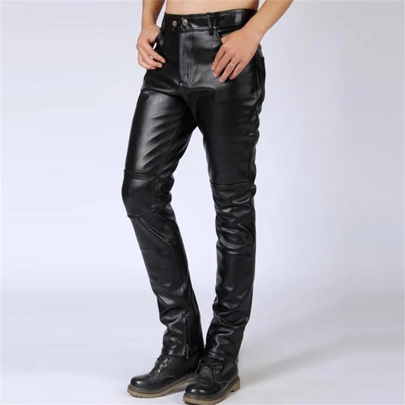 High waist autumn winter slim motorcycle faux leather pants men trousers pu pants for men personalized tight-fitting patchwork