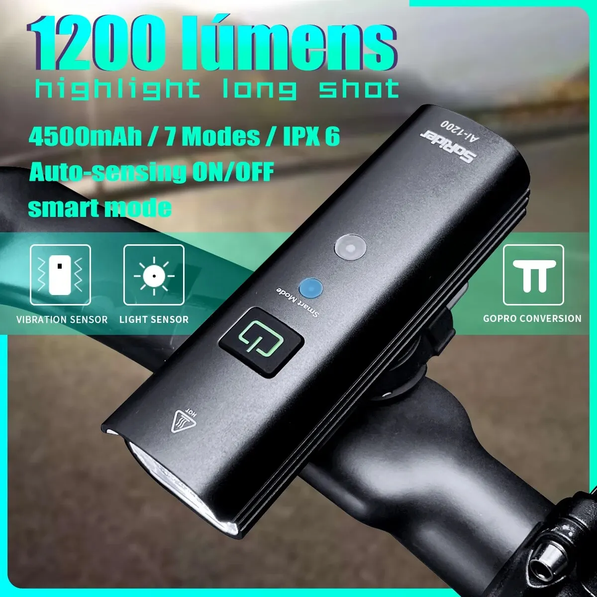 Велосипедный умный фонарь SoRider 1200 люмен с датчиком вибрации