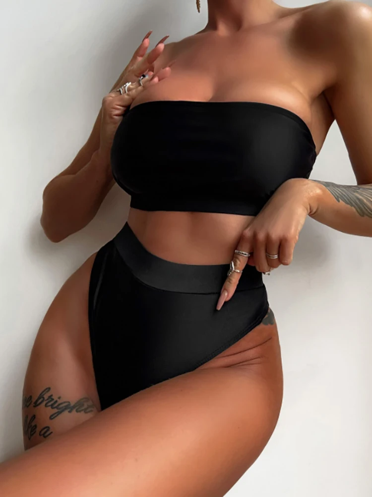 Two Piece Bikini Tube Top 2022 New Black Women's Swimsuit Sexy Summer Swimwear Beach Shorts High Quality Thong Bathing Suit