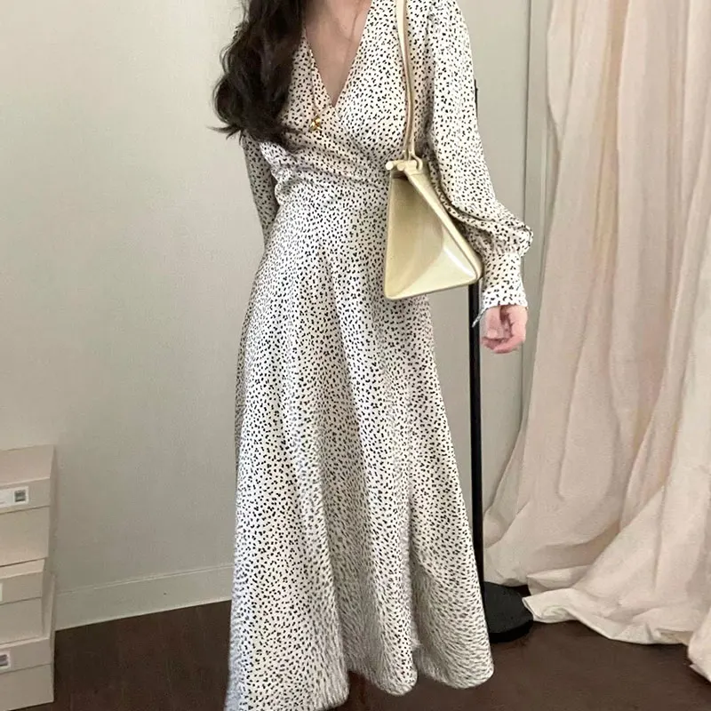

Korean Fashion Elegant Midi Dres Woman Sweet Cross V Neck Floral Printed High Waist Mid Calf Pleated Dresses Female Dropshipping
