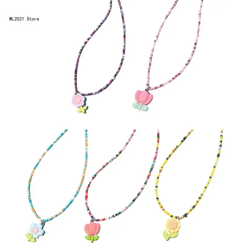 

Fashionable Flower Beads Necklace Short Choker Y2K Style Jewelry Pendant Necklace Rice Beads Material for Women Girls