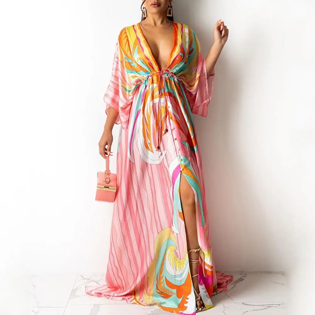 

Print Holiday Women Beach Dress With Belts A-line Long Lantern Sleeve Single Breasted Lapel Seaside Dresses Swing Colorful Robe