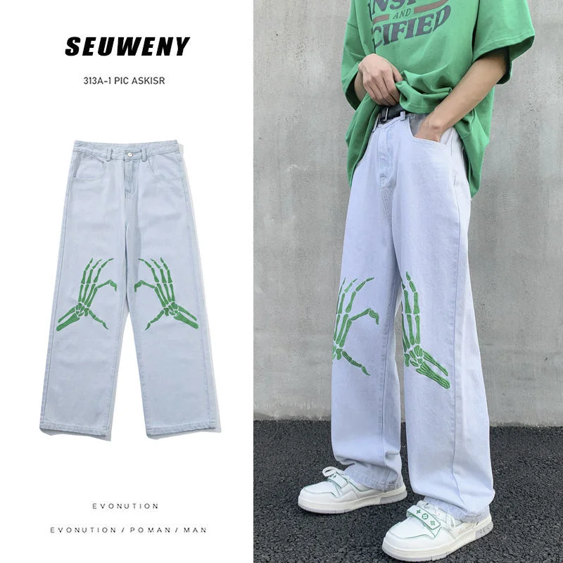 

High Street Paw Embroidery Men Jeans Streetwear Hip Hop Design Brand Loose Straight Male Denim Pants Male Casual Trouser