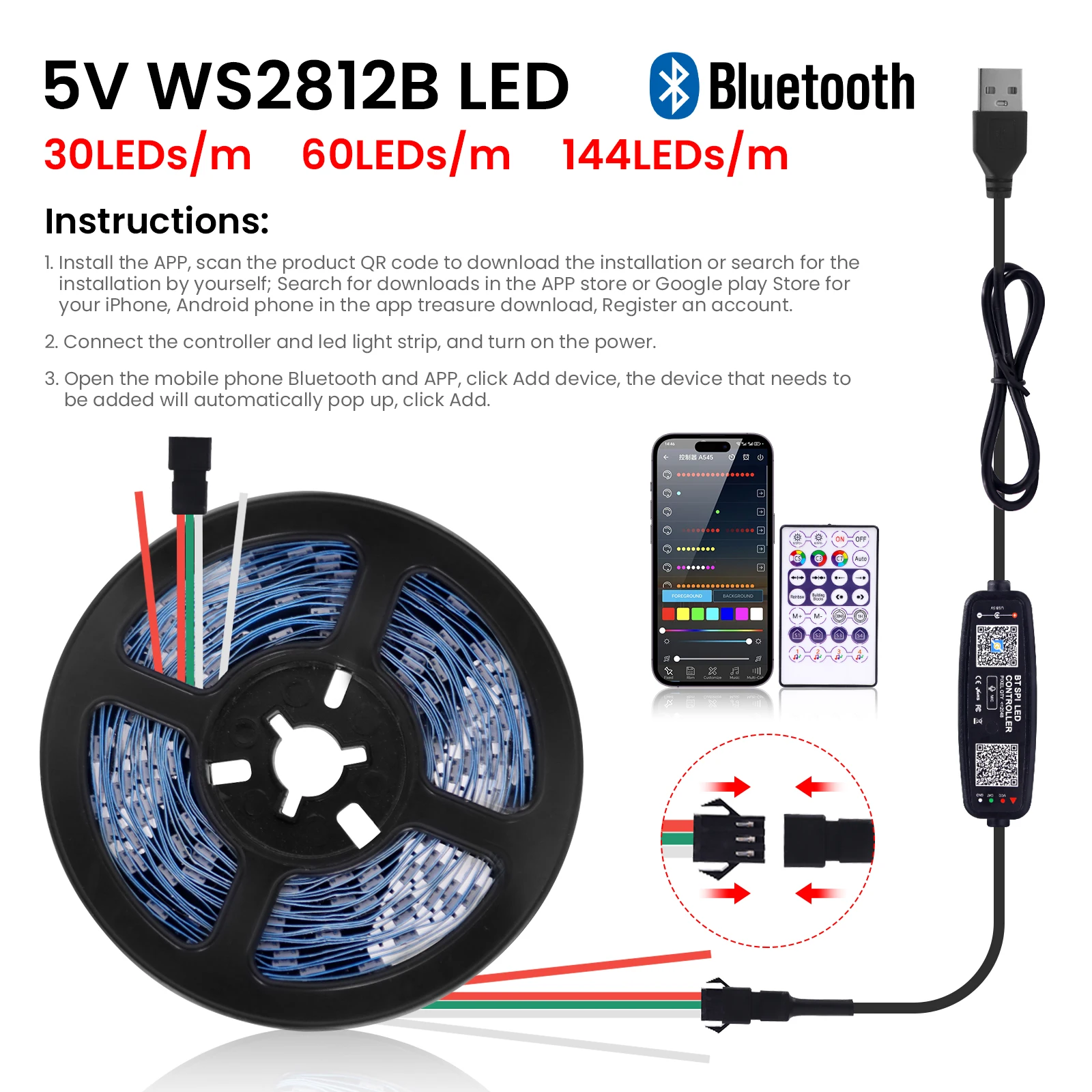 Адресная светодиодная лента 5 В WS2812B 30607496144 светодиодовм RGBIC Светодиодные фонари с USB Bluetooth-контроллером Белая черная печатная плата IP306567 (art.: 3920cedc990af) - 3920cedc990af