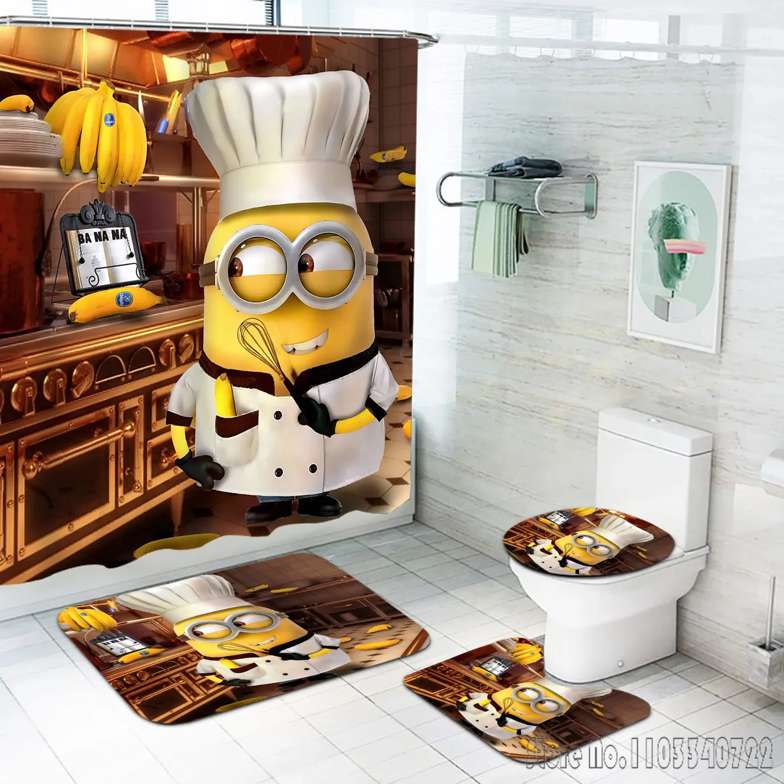 Фото Детский набор для ванной с аниме-персонажами M-Minions: шторка для душа (4 предмета) с крючками, водонепроницаемый коврик для туалета, декор для крышки унитаза №2