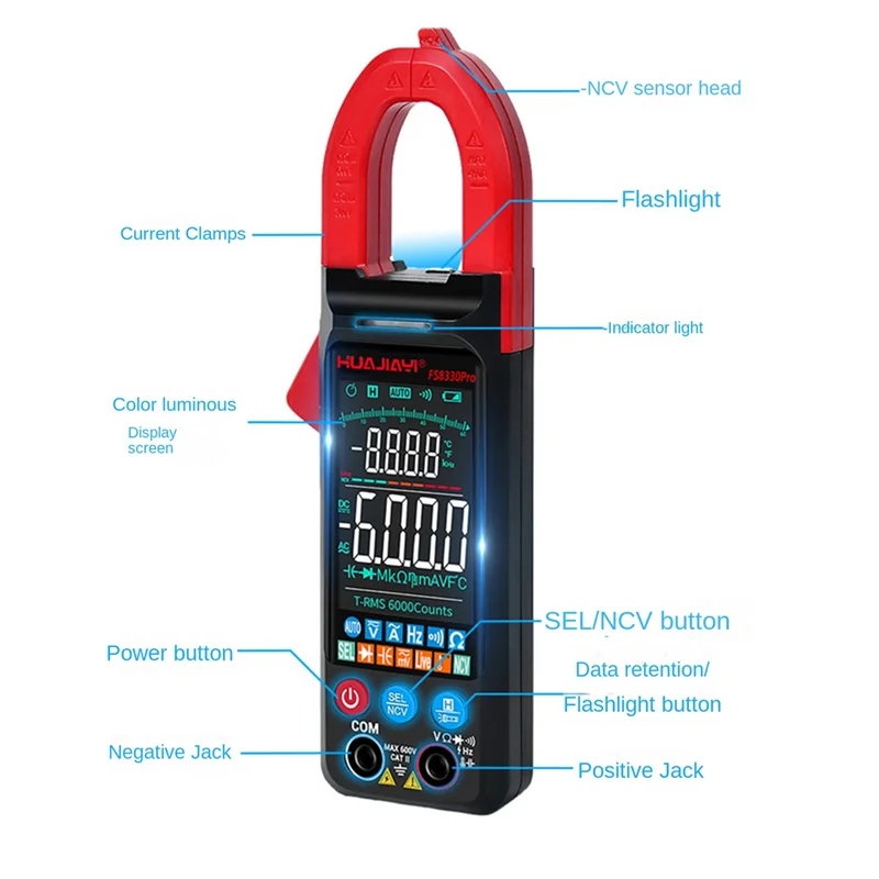 

HUAJIAYI FS8330Pro Digital Clamp Meter Multimeter AC Ammeter DC Voltage Pliers Amperimetric Tester Capacitance Diode Black+Red