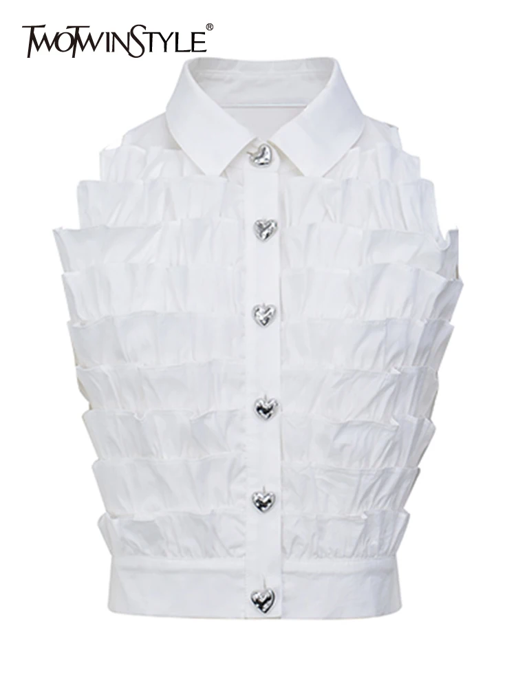 

TWOTWINSTYLE Patchwork Button Shirts For Women Lapel Sleeveless Ruffles Temperament Blouse Female Fashion Clothing Summer 2023