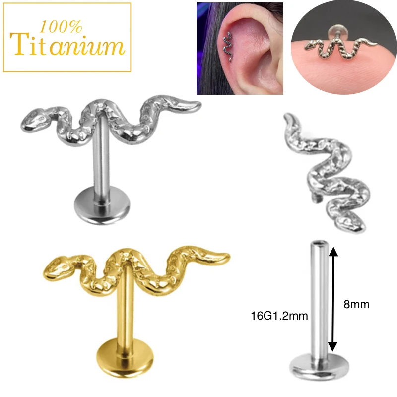 

16G Internal Thread Snake Ear Stud G23 Titanium Labret Lip Tragus Cartilage Helix Daith Piercing Earrings Body Jewelry for Women