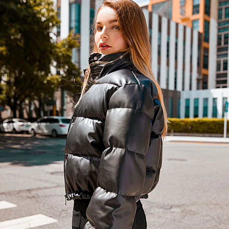 Autumn And Winter Jacket Thickened Warmth Short Parka Coat Women's Pu Leather Jacket Elegant Solid Color Zipper Cotton Jacket