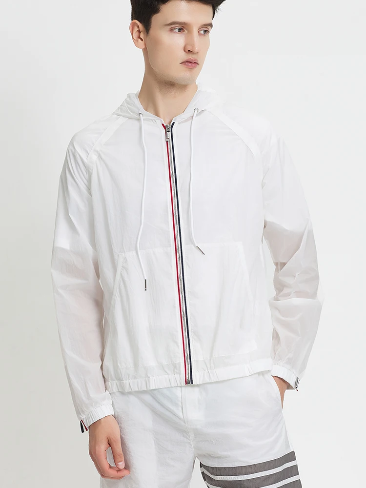 TB THOM Men's Jacket Summer Windbreak Fashion Brand Men's Clothing 4-Bar Vertical Stripes Quick Dry Uv Hooded Sunscreen Jackets